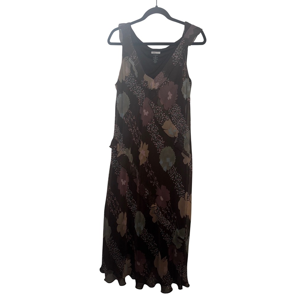 Vtg Y2K Brown Floral Chiffon Ruffle Midi Dress V-Neck Size 14 Boho Modest